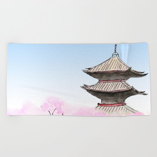 Temple and sakura Beach Towel