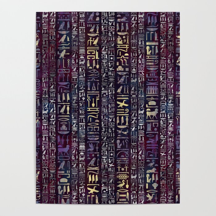 Egyptian hieroglyphs on purple violet painted texture Poster