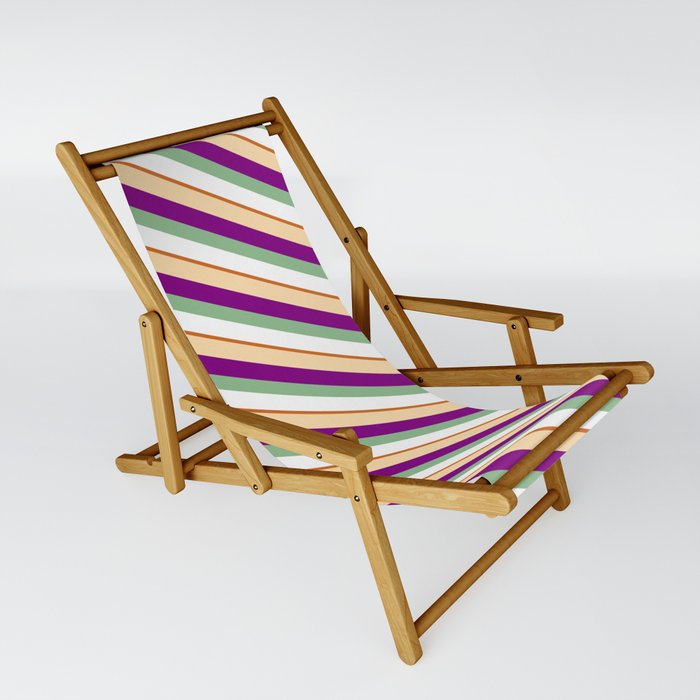 Colorful Tan, Purple, Dark Sea Green, White, and Chocolate Colored Lines/Stripes Pattern Sling Chair