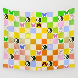 Y2k Butterfly Yin Yang Smiley Rainbow Gradient Checker Wall Tapestry