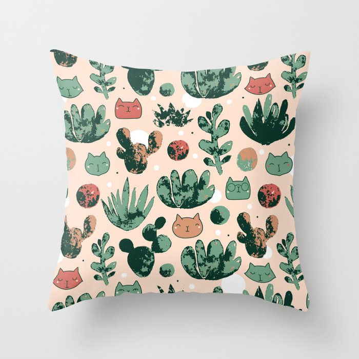 Cats and cacti Throw Pillow