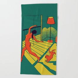 Dancing with the cat | Moody sunset light and shadows Aesthetic Green room Naked dance Femme Fatale  Beach Towel