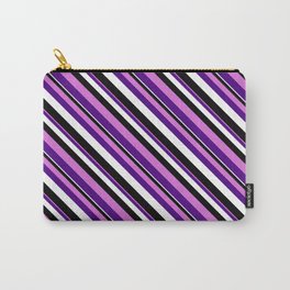 [ Thumbnail: Orchid, Indigo, White, and Black Colored Stripes/Lines Pattern Carry-All Pouch ]