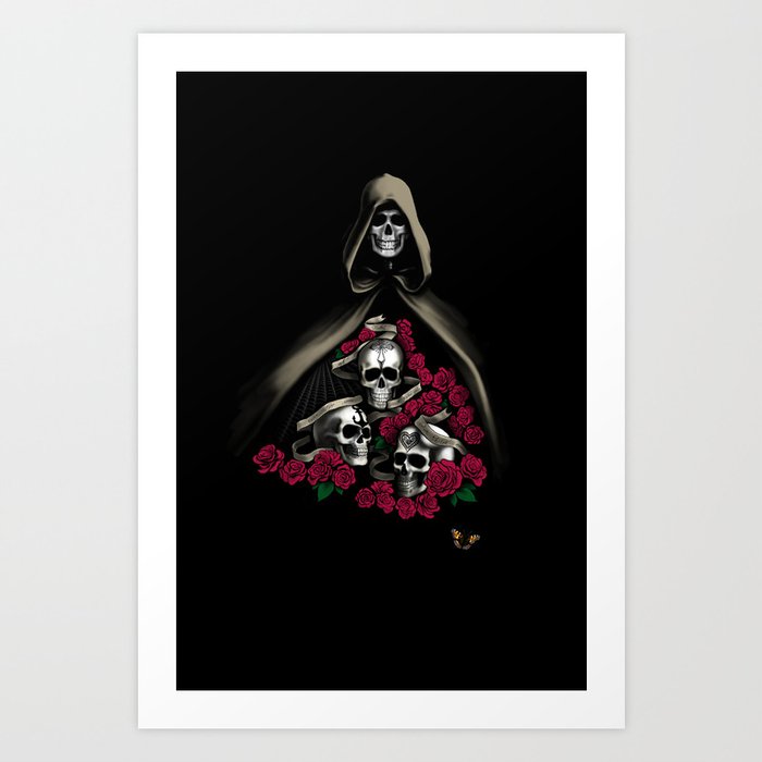 Skull Collection Hooded Roses Art Print By Dilatorysloth