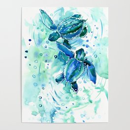 Turquoise Blue Sea Turtles in Ocean Poster