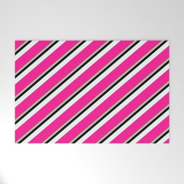 [ Thumbnail: Vibrant Green, Grey, Black, Mint Cream, and Deep Pink Colored Stripes Pattern Welcome Mat ]
