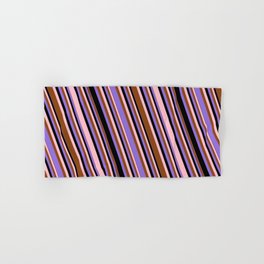 [ Thumbnail: Pink, Brown, Purple & Black Colored Lined Pattern Hand & Bath Towel ]