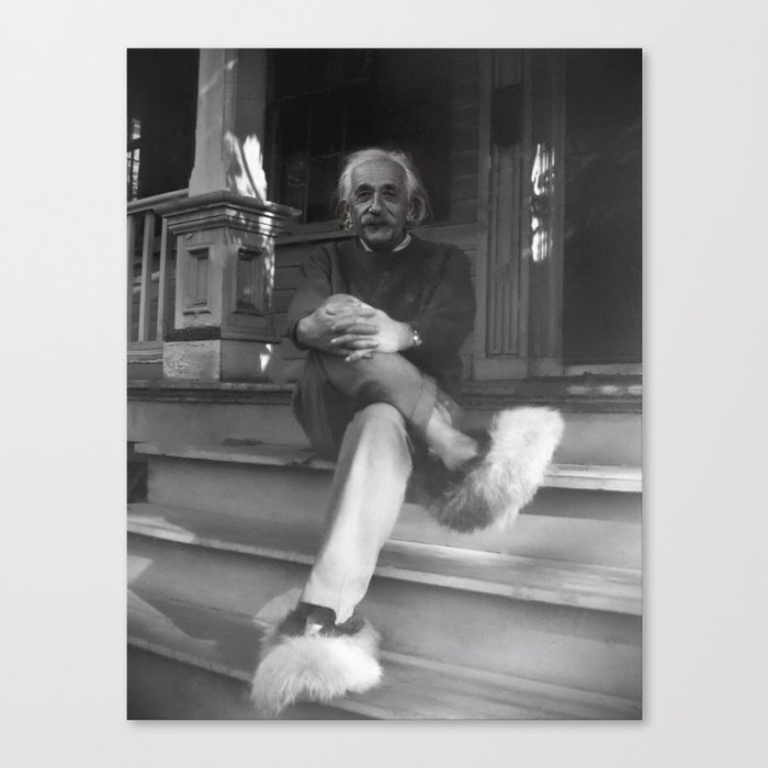 Funny Einstein in Fuzzy Slippers Classic Black and White Satirical Photography - Photographs Canvas Print