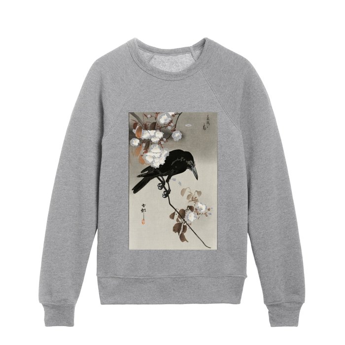 Japanese Painting of Crow And Cherry Blossom Vintage Bird And Cherry Blossom Japanese Woodblock Kids Crewneck