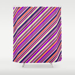 [ Thumbnail: Coral, Dark Violet, Pale Goldenrod, and Midnight Blue Colored Lined/Striped Pattern Shower Curtain ]