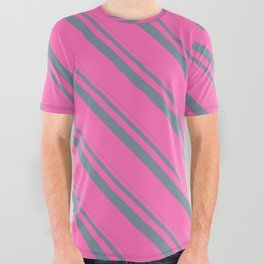 [ Thumbnail: Light Slate Gray and Hot Pink Colored Pattern of Stripes All Over Graphic Tee ]