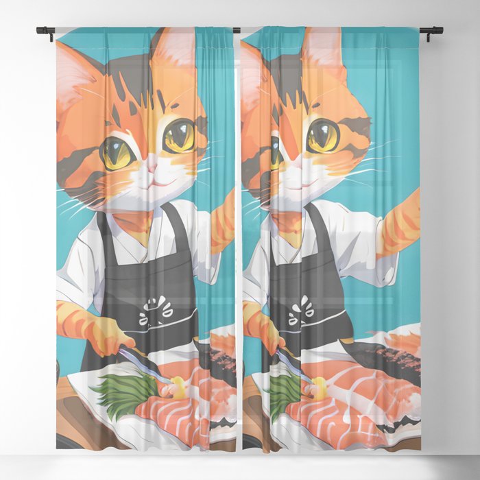 Chef Cat making Sushi Sheer Curtain