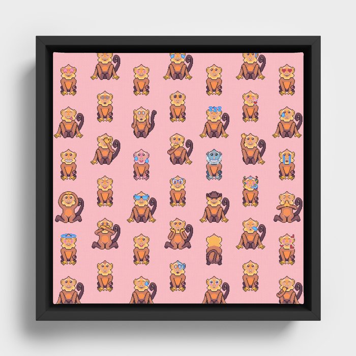 Monkey Pixel Art Emoji, Pink Framed Canvas