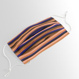 [ Thumbnail: Eyecatching Light Salmon, Chocolate, Blue, Black & Brown Colored Stripes/Lines Pattern Face Mask ]