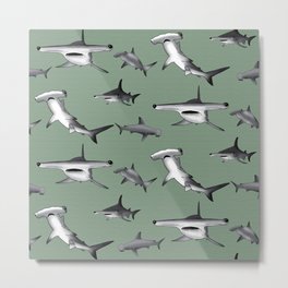 Hammerhead Shark pattern on loden green Metal Print