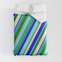 [ Thumbnail: Vibrant Aquamarine, Light Sea Green, Green, Beige, and Blue Colored Lines Pattern Duvet Cover ]