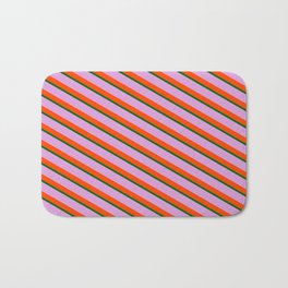 [ Thumbnail: Dark Green, Plum & Red Colored Lines/Stripes Pattern Bath Mat ]