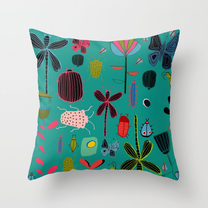 bugs and insects green Throw Pillow