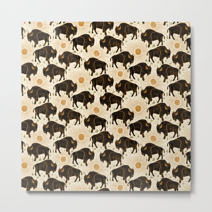 Bison - black, gold, moss green, and cream Metal Print