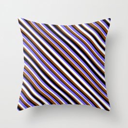 [ Thumbnail: Medium Slate Blue, Mint Cream, Brown & Black Colored Lined Pattern Throw Pillow ]