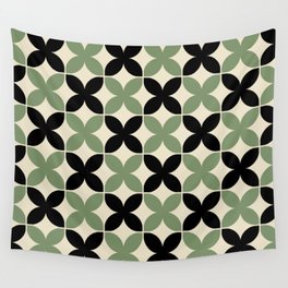 Geometric Flower Pattern 932 Sage Green Black and Beige Wall Tapestry