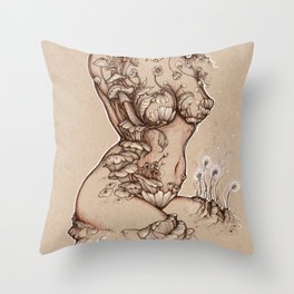 Sepia Floral Shroom Goddess Throw Pillow
