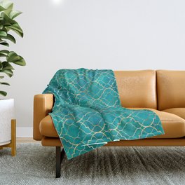 Teal Emerald Golden Moroccan Quatrefoil Pattern II Throw Blanket