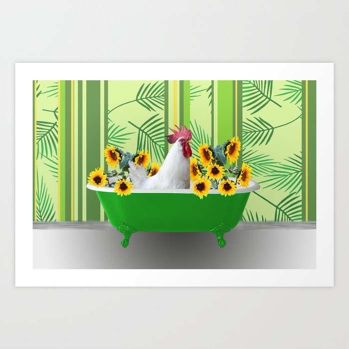 Bathtub Sunflower Blossoms Chicken Art Print
