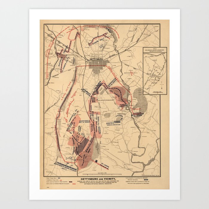 Vintage Map of Gettysburg and Vicinity, July 1863 Art Print