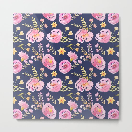 Delicate Poppy Pattern Blue Metal Print