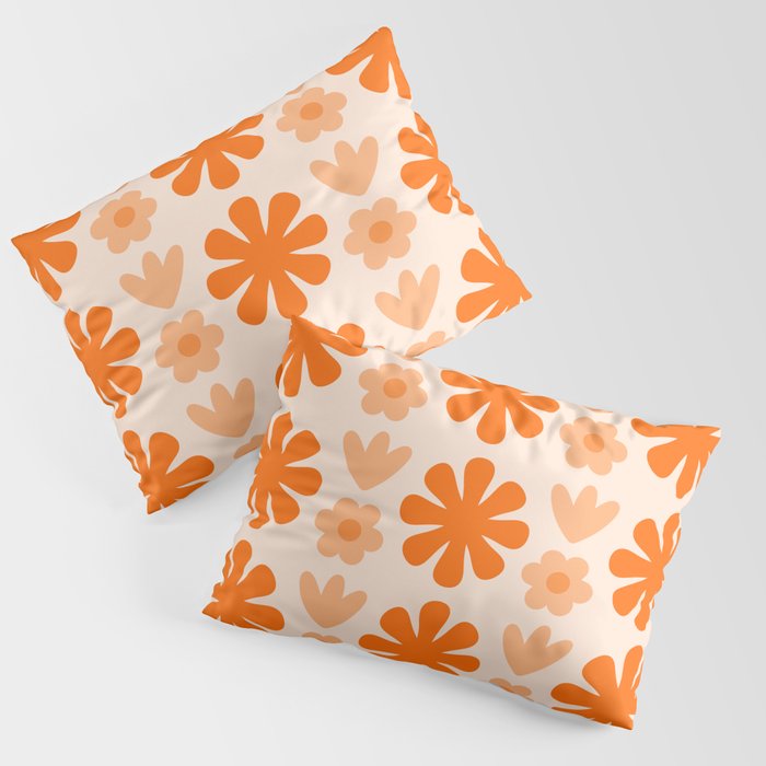 Scandi Floral Grid Retro Pattern in Orange and Apricot Pillow Sham