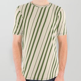 [ Thumbnail: Beige & Dark Olive Green Colored Striped/Lined Pattern All Over Graphic Tee ]