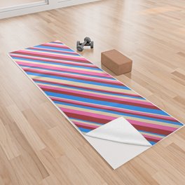 [ Thumbnail: Tan, Hot Pink, Brown & Blue Colored Striped Pattern Yoga Towel ]