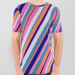[ Thumbnail: Colorful Lavender, Blue, Coral, Dark Blue, and Hot Pink Colored Lines/Stripes Pattern All Over Graphic Tee ]