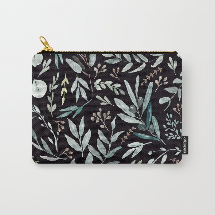 Black Eucalyptus Leaves Pattern Carry-All Pouch
