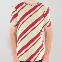[ Thumbnail: Crimson & Light Yellow Colored Lines Pattern All Over Graphic Tee ]