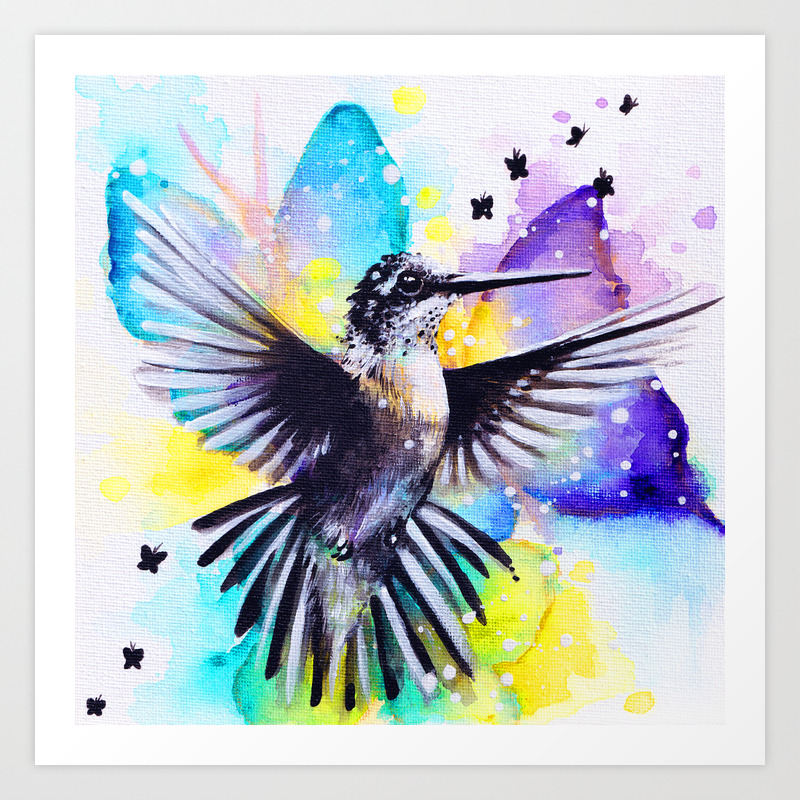 Abstract Hummingbird And Butterflies Art Print By