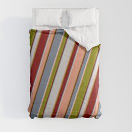 [ Thumbnail: Colorful Slate Gray, Light Gray, Dark Salmon, Green, and Maroon Colored Lined Pattern Comforter ]