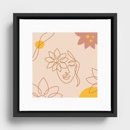 Woman linear face with flowers. Boho colors.  Framed Canvas