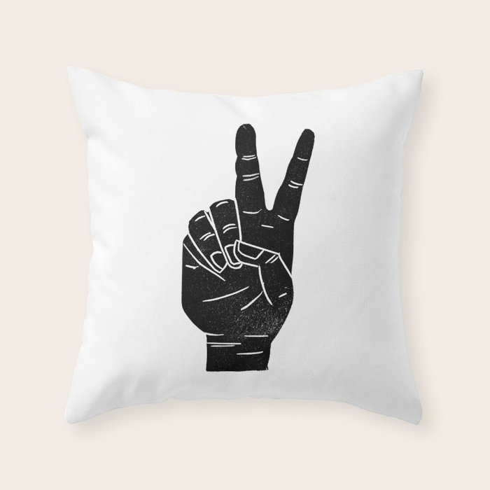 Linocut Sign Language Peace Sign Hand Black And White Throw Pillow By Monoo Society6