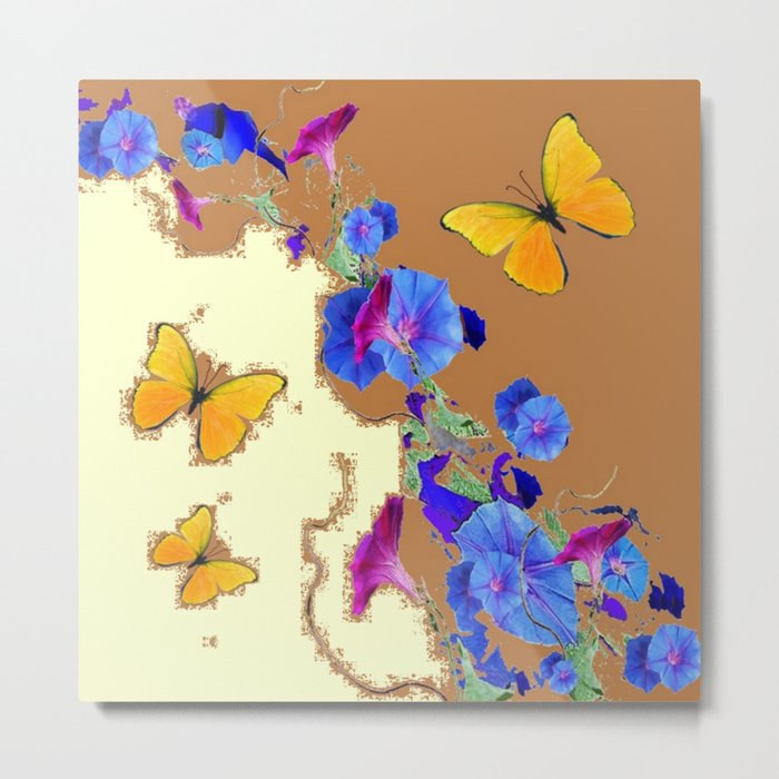 Coffee & Cream Blue Flowers butterfly Art Metal Print