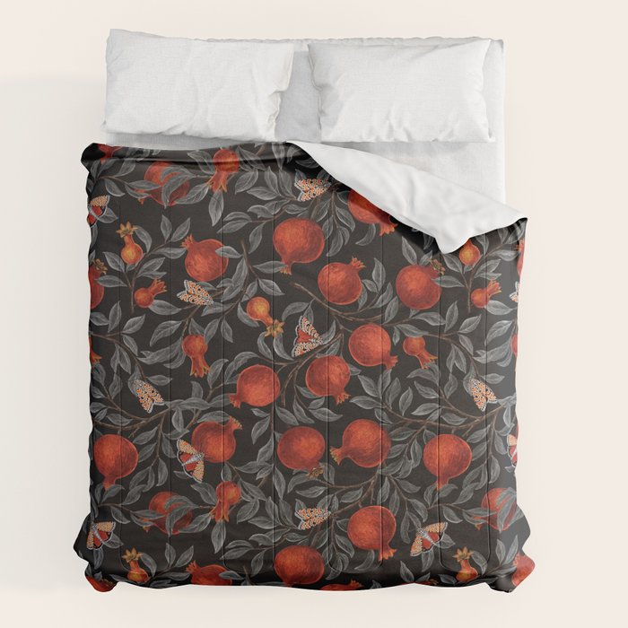 Pomegranates and Bella Moths on black Comforter