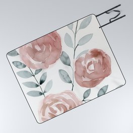 Antique Roses, Peach, Pink, Blush Watercolor Flowers Picnic Blanket