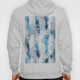 Falling white feathers watercolor seamless pattern, blue background Hoody