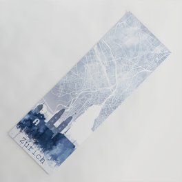 Zurich Skyline & Map Watercolor Navy Blue, Print by Zouzounio Art Yoga Mat