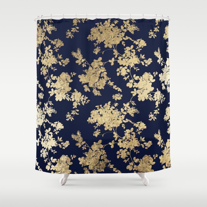 Elegant Vintage Navy Blue Faux Gold, Light Blue And Gold Shower Curtain