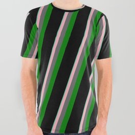 [ Thumbnail: Vibrant Aquamarine, Light Pink, Dim Gray, Green & Black Colored Lined/Striped Pattern All Over Graphic Tee ]