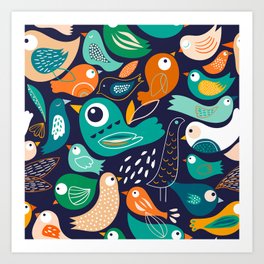 Abstract pattern with doodle birds Art Print