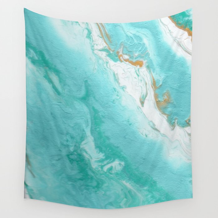 Teal Gold And White Acrylic Pour Painting Agate Wall Tapestry By