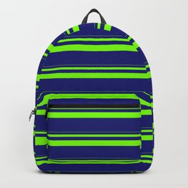 [ Thumbnail: Green & Midnight Blue Colored Stripes Pattern Backpack ]